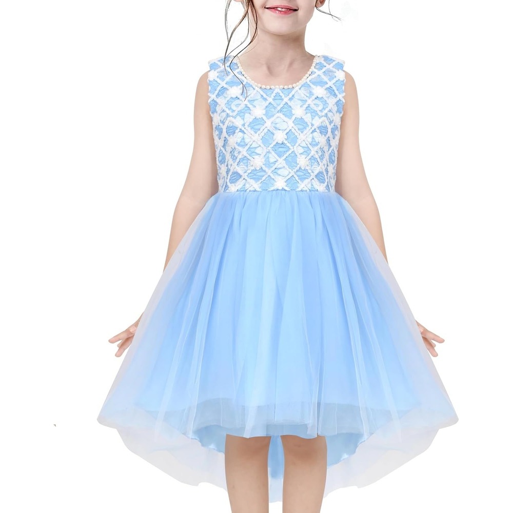 Sunny Fashion Girls Light Blue High Low Tulle Dress Lace Pearl Accent Party